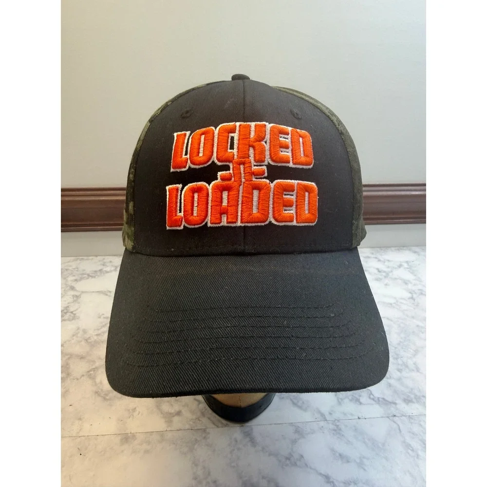 Captivating Headwear Locked and Loaded Camo Trucker Hat Mens Black Orange OSFM